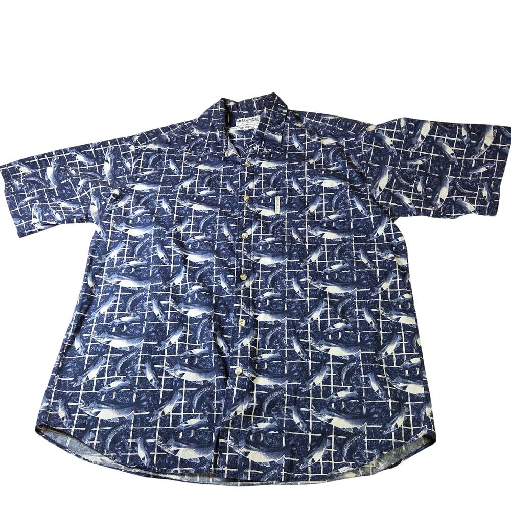 Columbia Fish Print Short Sleeve Button Down Shirt Size L Cotton